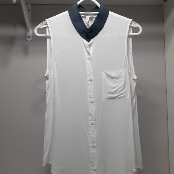 White Sleeveless Long Blouse with Dark Gray Collar - Picture 1 of 4